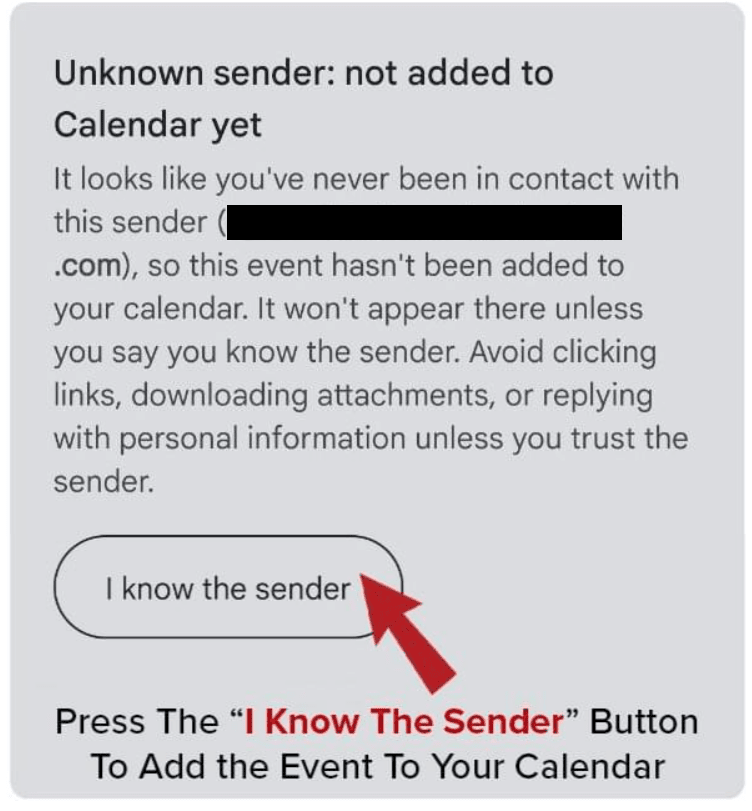 graphic directing users to click a "i know the sender" button